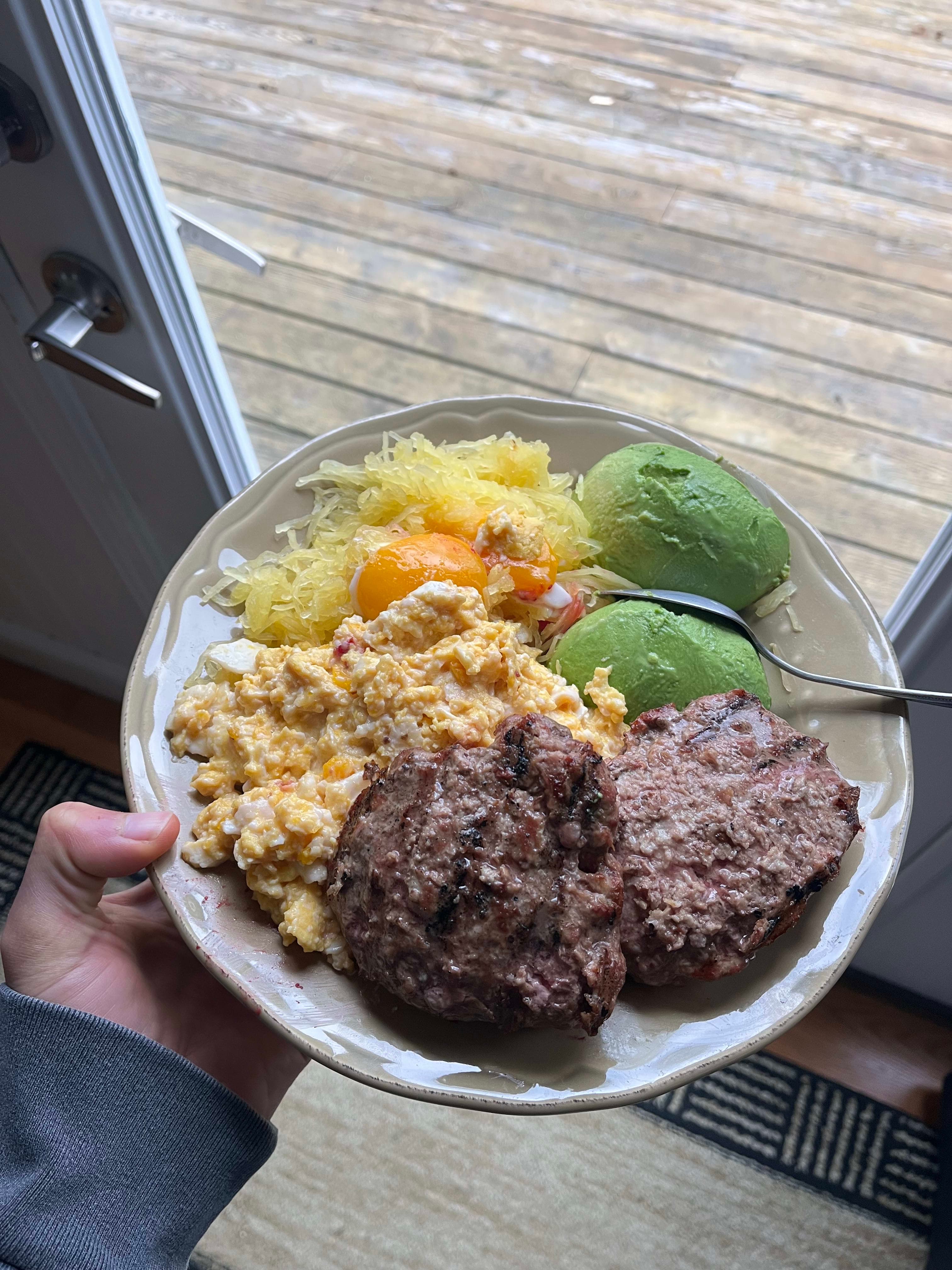 Bison Burger with Spaghetti Squash, Avocado & Raw Egg Yolks