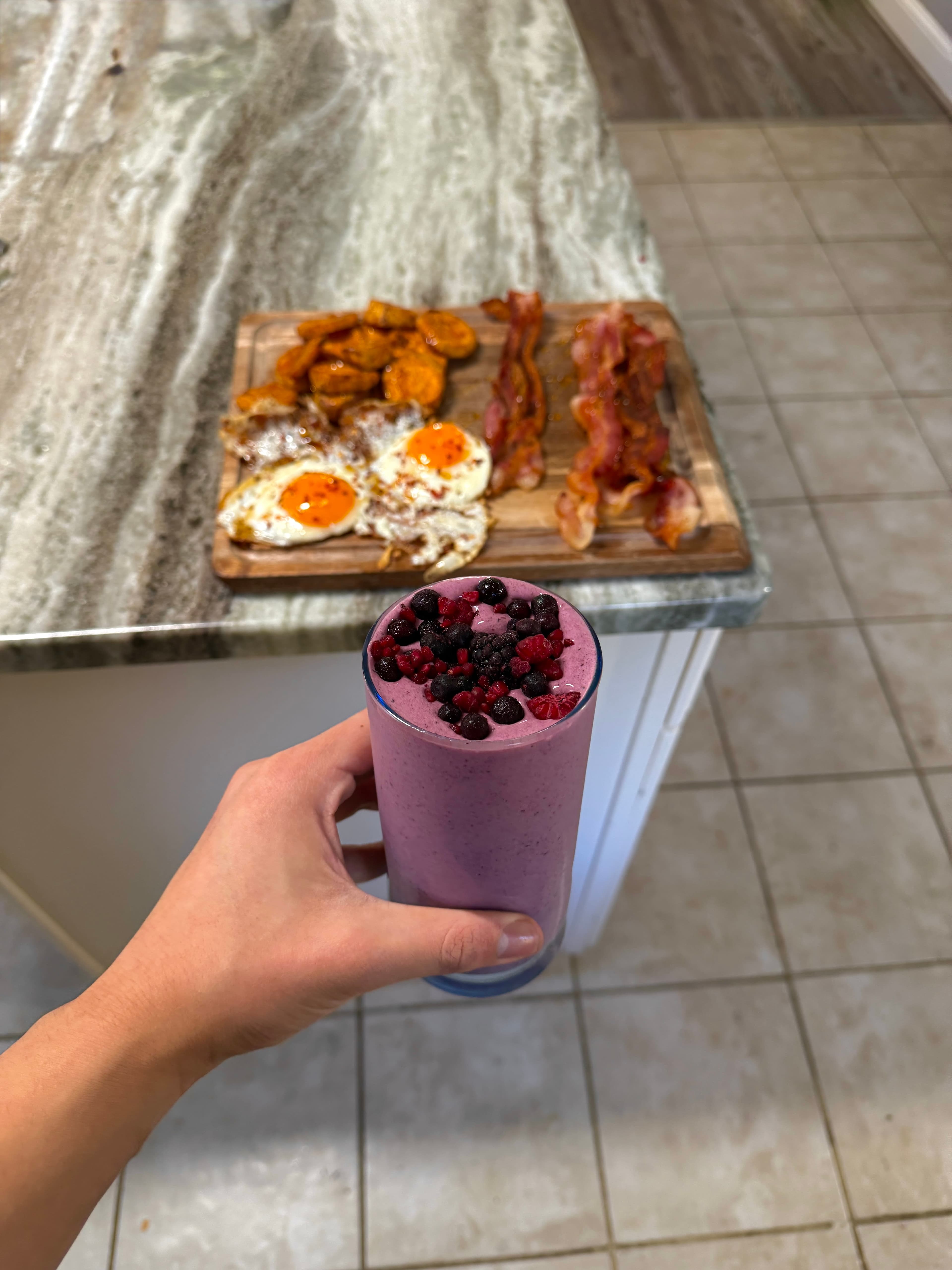 Clean ingredients, high-protein smoothie, and breakfast platter.