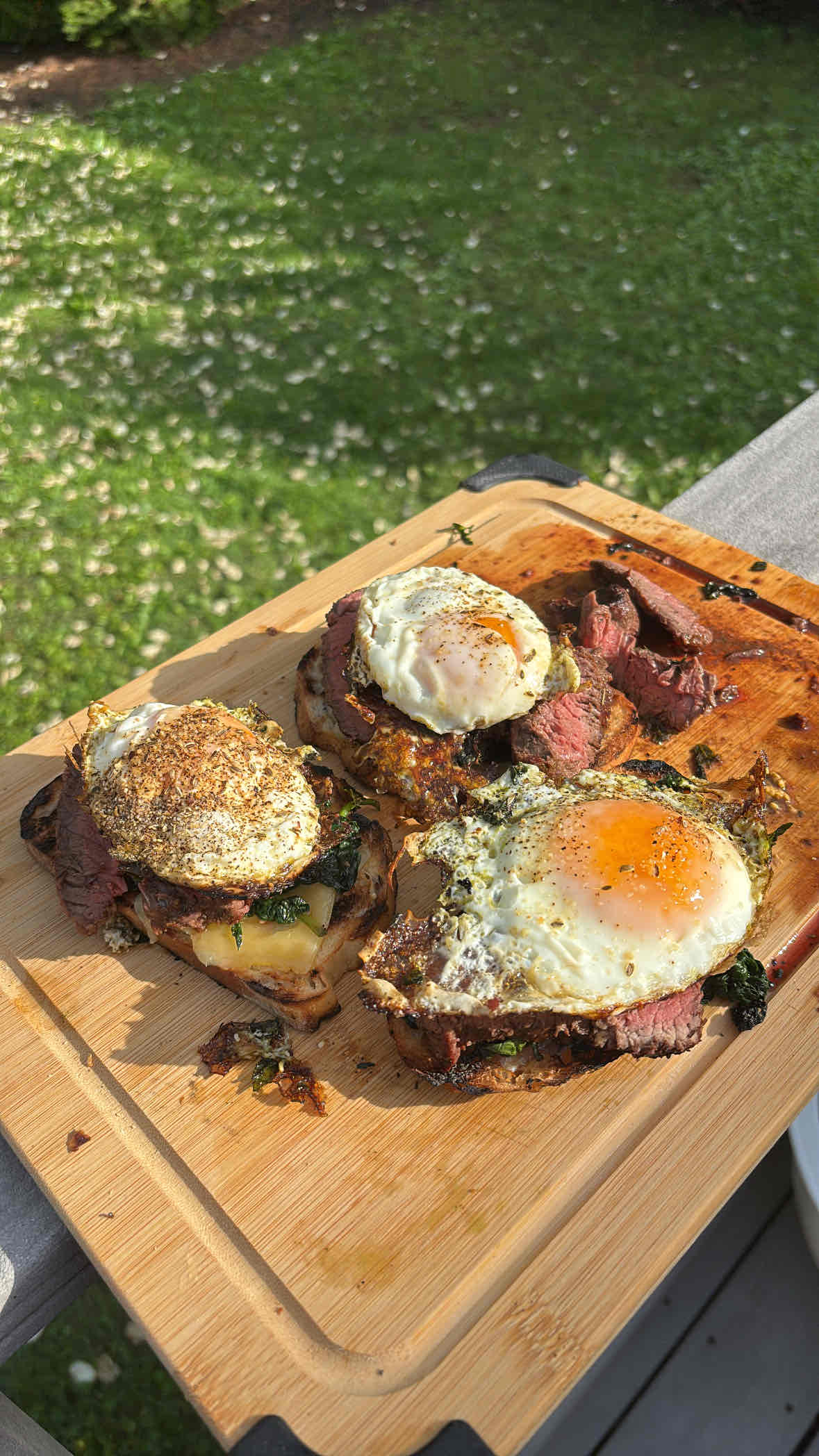 Steak and egg sandwich on sourdough bread