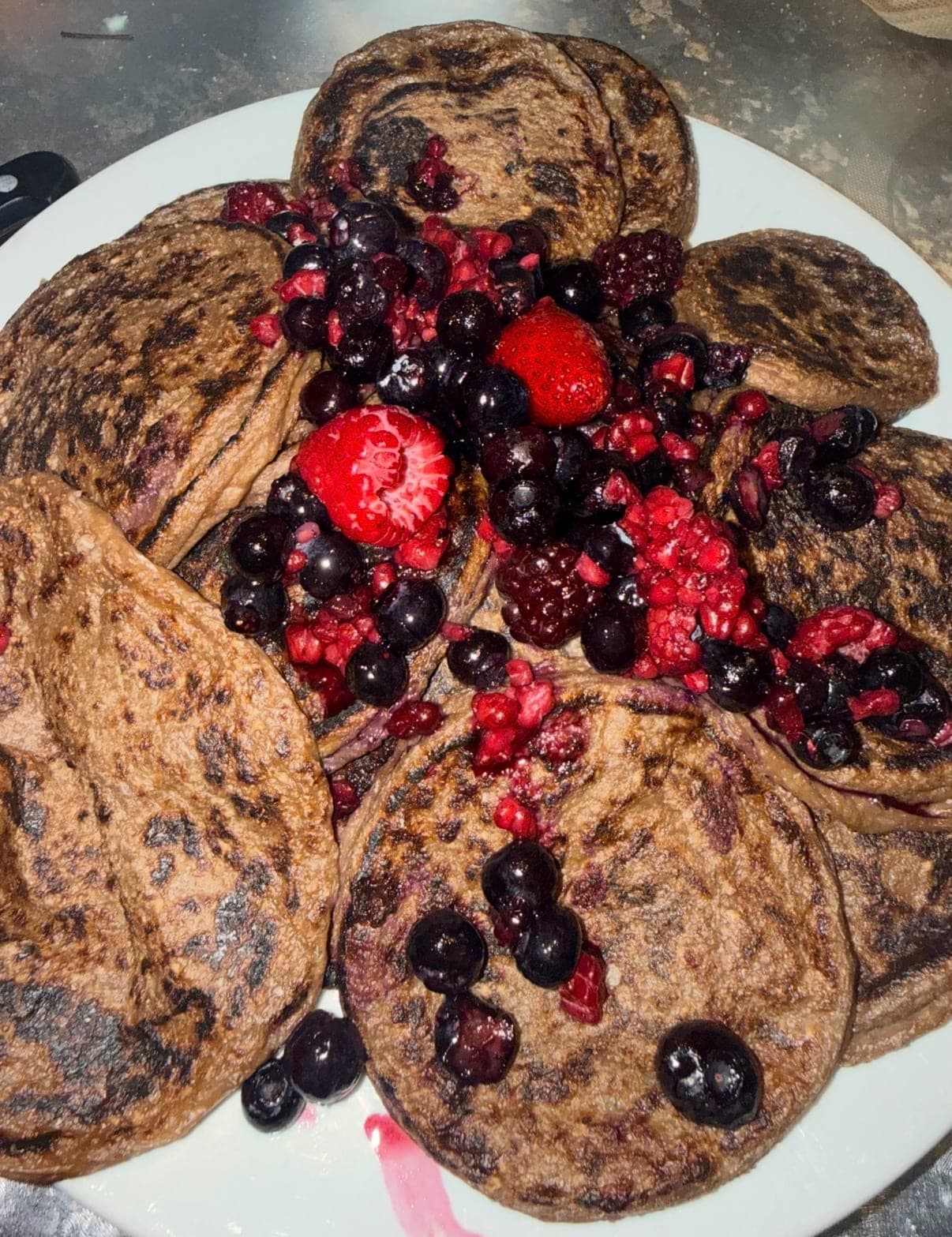 Fluffy Double Chocolate Berry Protein Pancakes: 25g Protein, Zero Guilt
